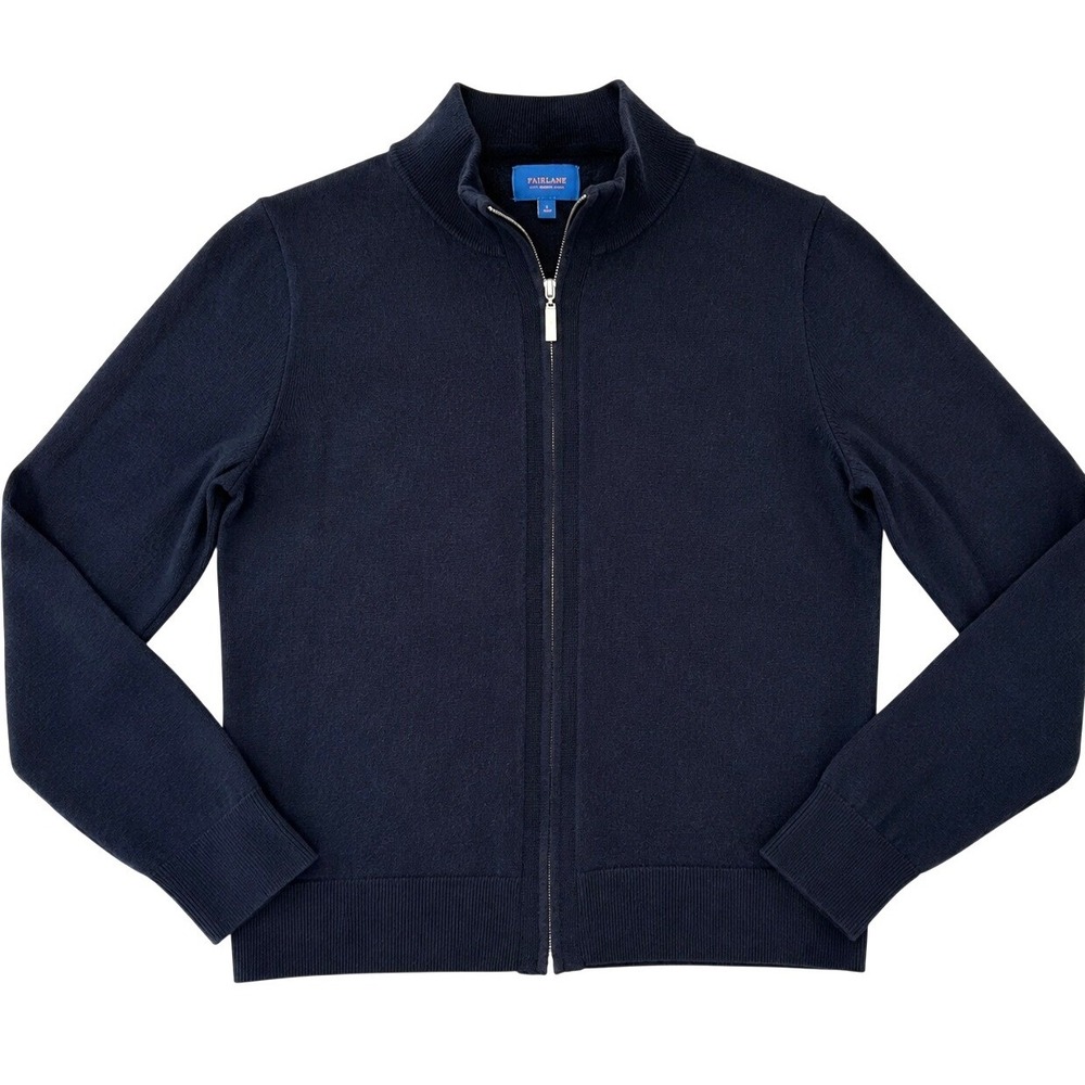 Fairlane 100% Merino Wool Full Zip Sweater Womens L Navy Blue Mock Neck Cardigan